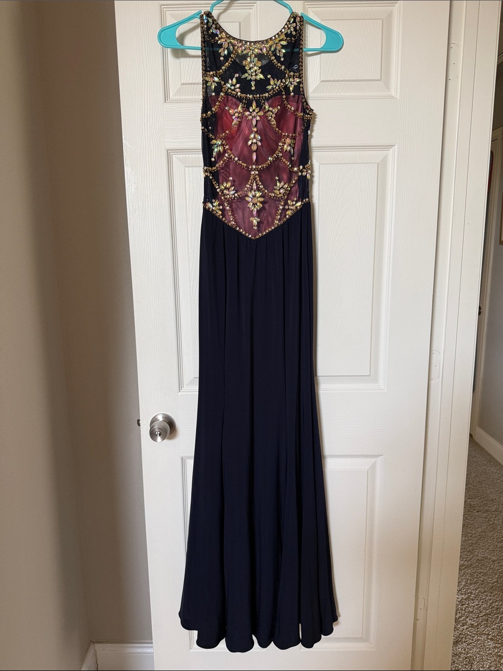 Beaded Navy and Burgundy Prom Gown